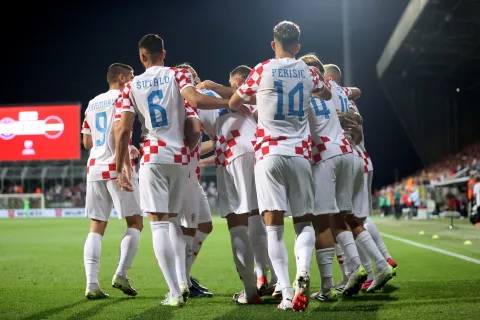 Rijeka, 08.09.2023 - Utakmica kvalifikacija za Europsko nogometno prvenstvo Euro 2024 izmeД'u reprezentacija Hrvatske i Latvije. Na slici slavlje igraДЌa reprezentacije Hrvatske.foto HINA/ Damir SENДЊAR/ ml